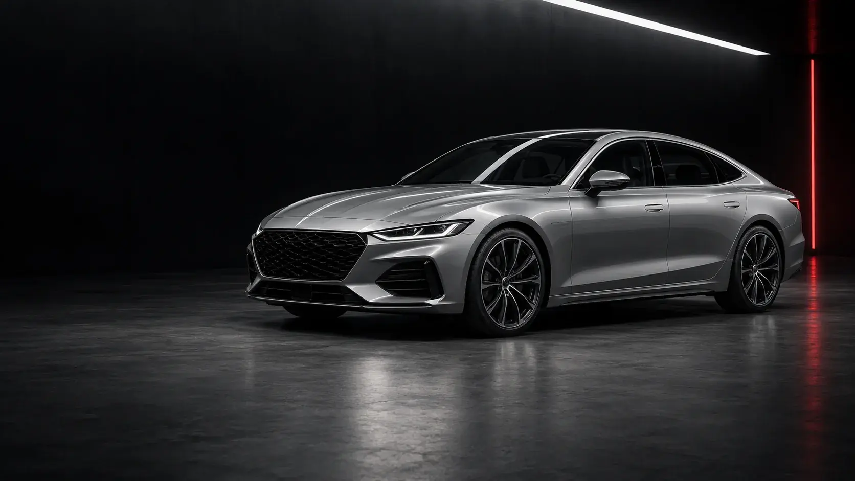 Silver sedan in a clean automotive studio